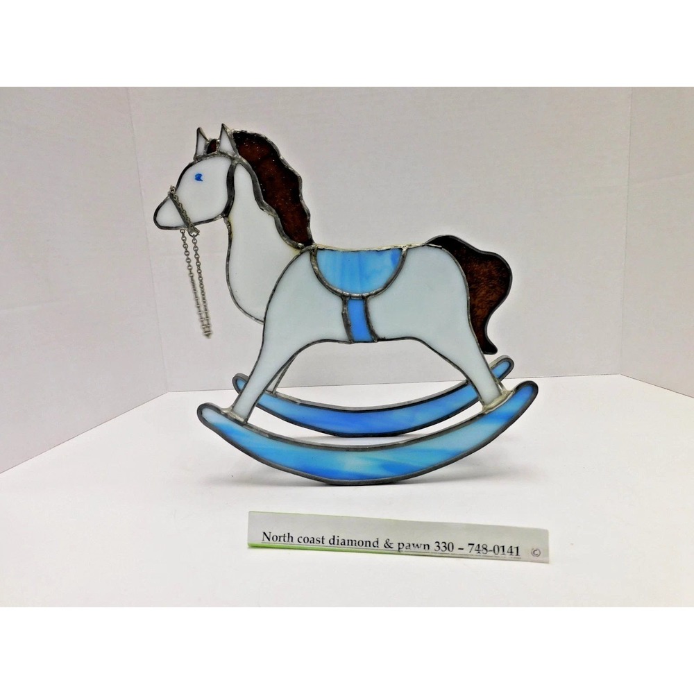 VTG Stained Glass Rocking Horse Figurine Blue White Nursery Decor 3D Art DH23
